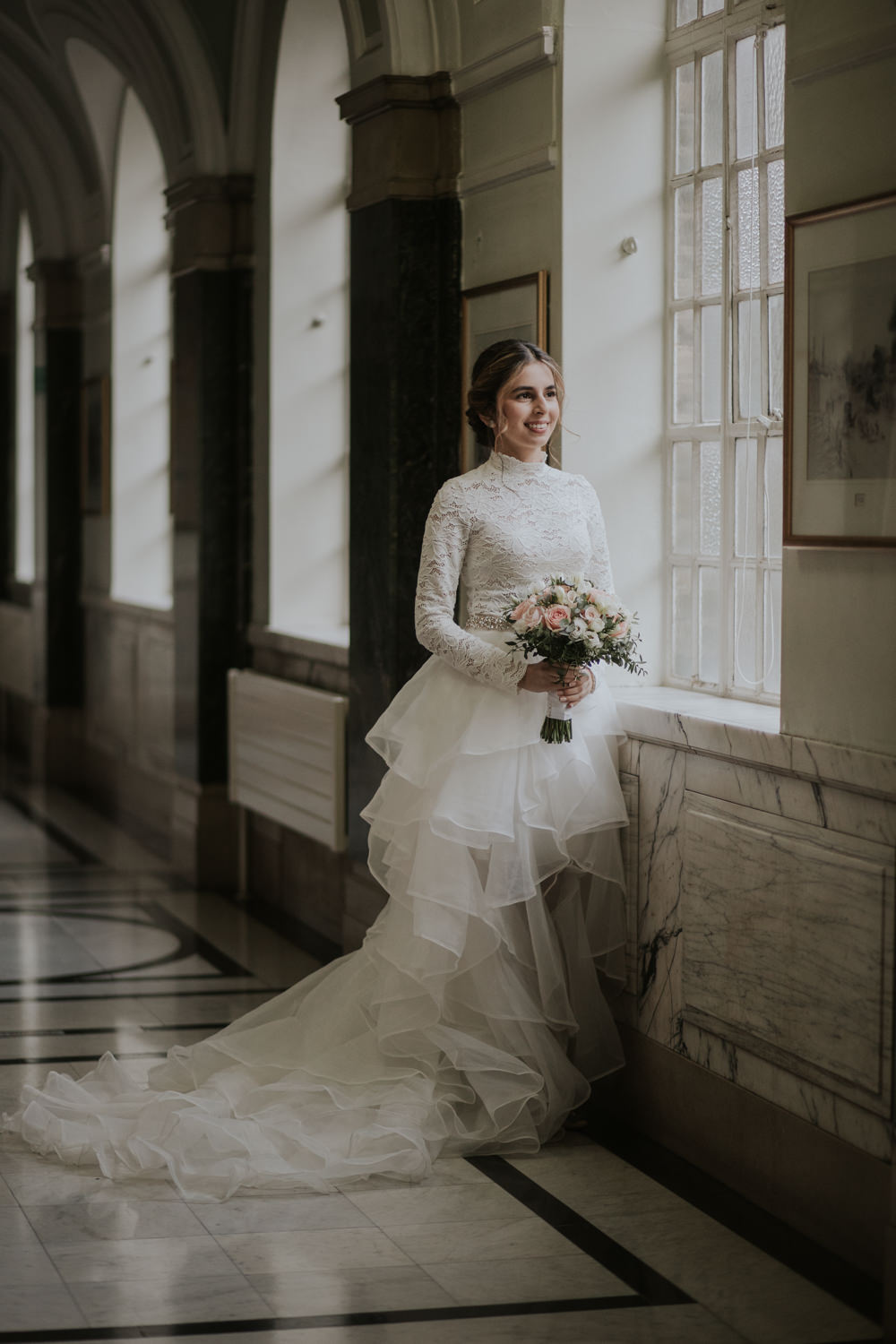 Dress Gown Bride Bridal Ruffle Skirt Lace Long Sleeves London Civil Ceremony Wedding Grace Pham Photography