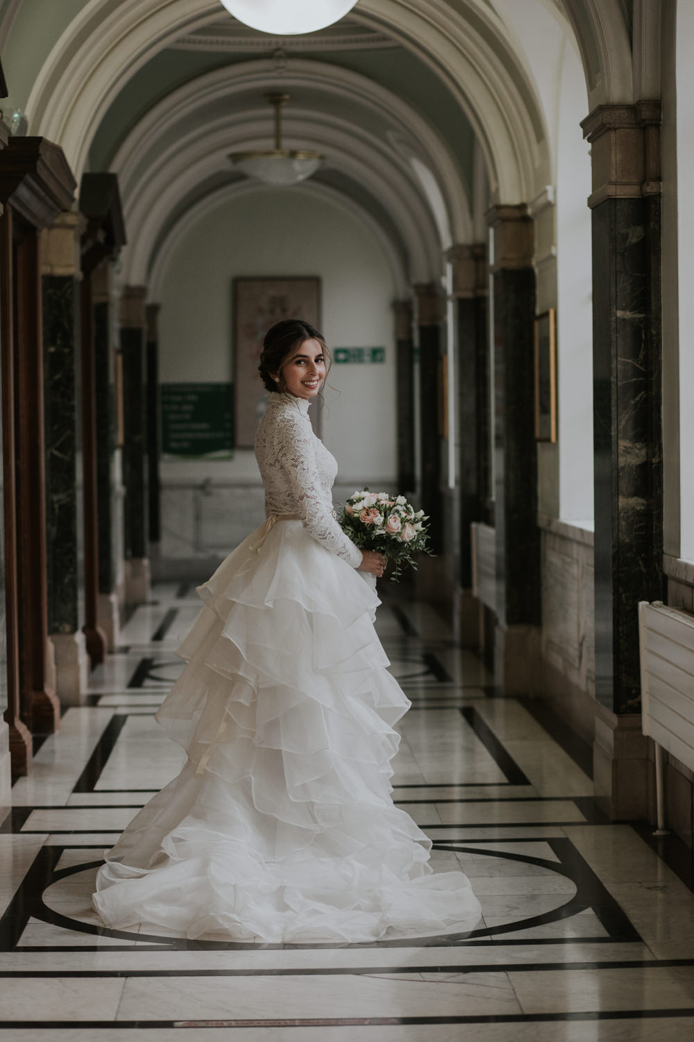 Dress Gown Bride Bridal Ruffle Skirt Lace Long Sleeves London Civil Ceremony Wedding Grace Pham Photography