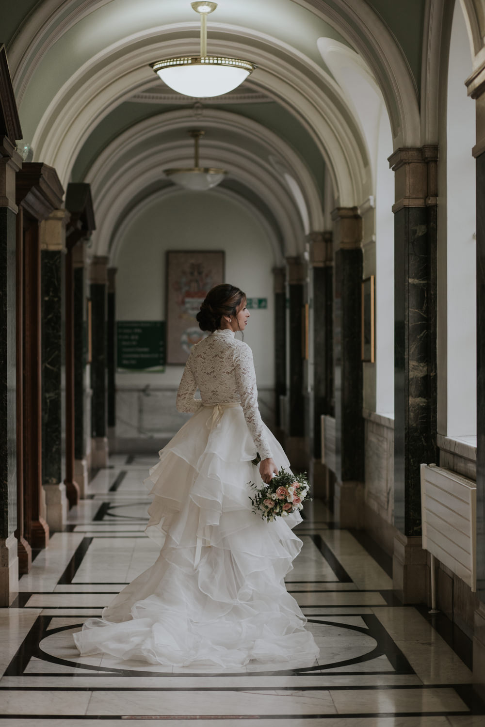 Dress Gown Bride Bridal Ruffle Skirt Lace Long Sleeves London Civil Ceremony Wedding Grace Pham Photography