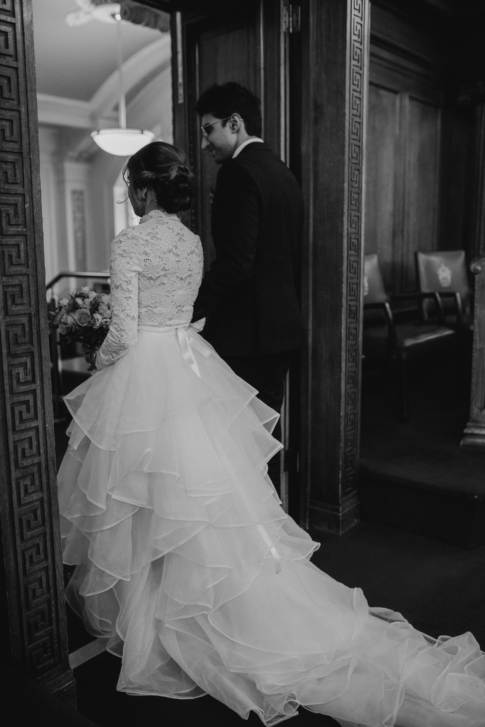 Dress Gown Bride Bridal Ruffle Skirt Lace Long Sleeves London Civil Ceremony Wedding Grace Pham Photography