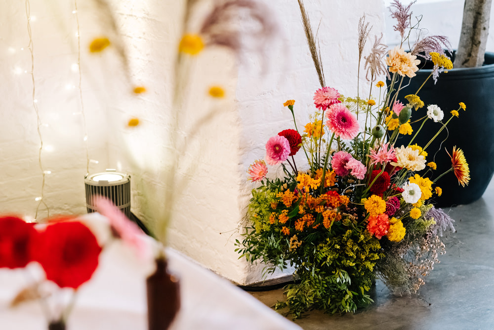 Top Table Flowers Colourful Dahlia London Warehouse Wedding Kristian Leven Photography