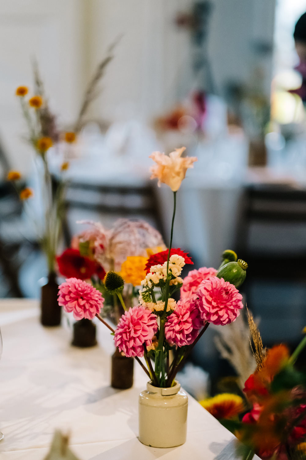 Jar Flowers Colourful Decor Table Centrepiece Dahlia London Warehouse Wedding Kristian Leven Photography