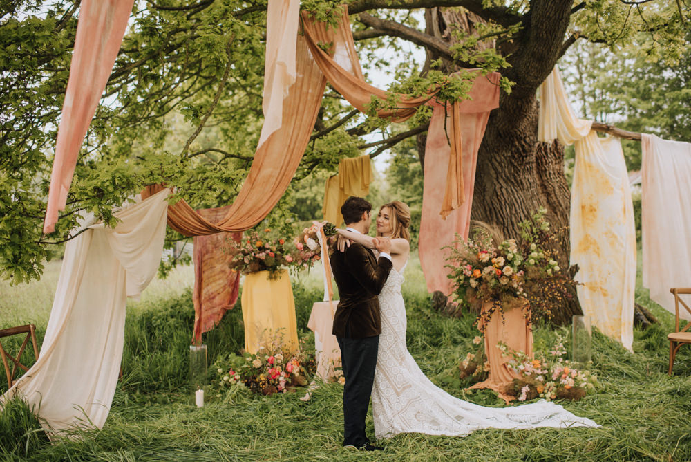Meadows Norfolk Megan Duffield Photography Ceremony Tree Woodland Fabric Flowers Yellow Terracotta Decor