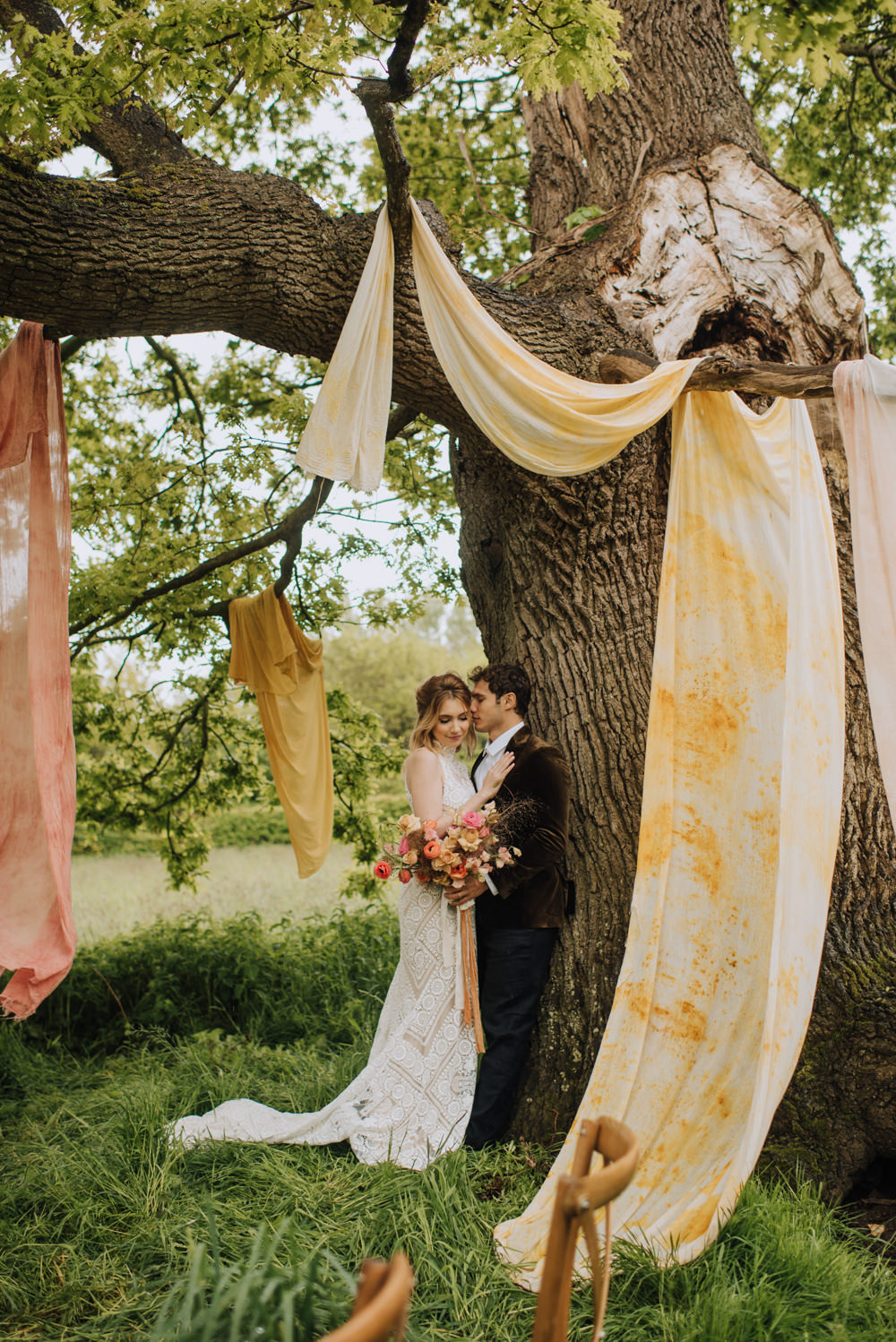 Ceremony Tree Woodland Fabric Flowers Yellow Terracotta Decor Meadows Norfolk Megan Duffield Photography