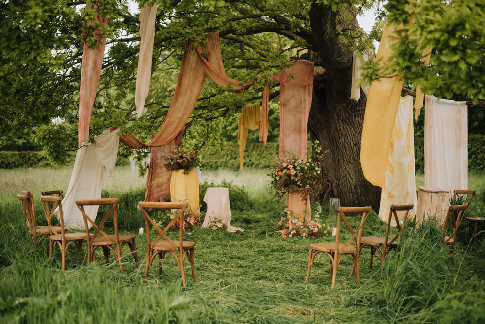 Ceremony Tree Woodland Fabric Flowers Yellow Terracotta Decor Meadows Norfolk Megan Duffield Photography