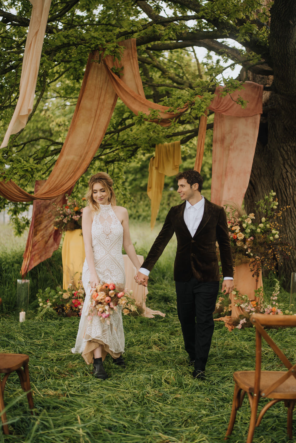 Ceremony Tree Woodland Fabric Flowers Yellow Terracotta Decor Meadows Norfolk Megan Duffield Photography