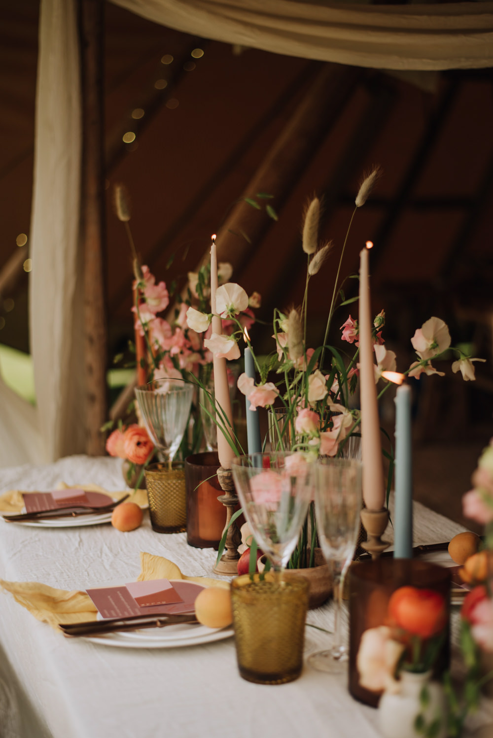Table Decor Flowers Yellow Terracotta Candles Meadows Norfolk Megan Duffield Photography