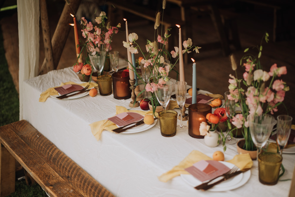 Table Decor Flowers Yellow Terracotta Candles Meadows Norfolk Megan Duffield Photography