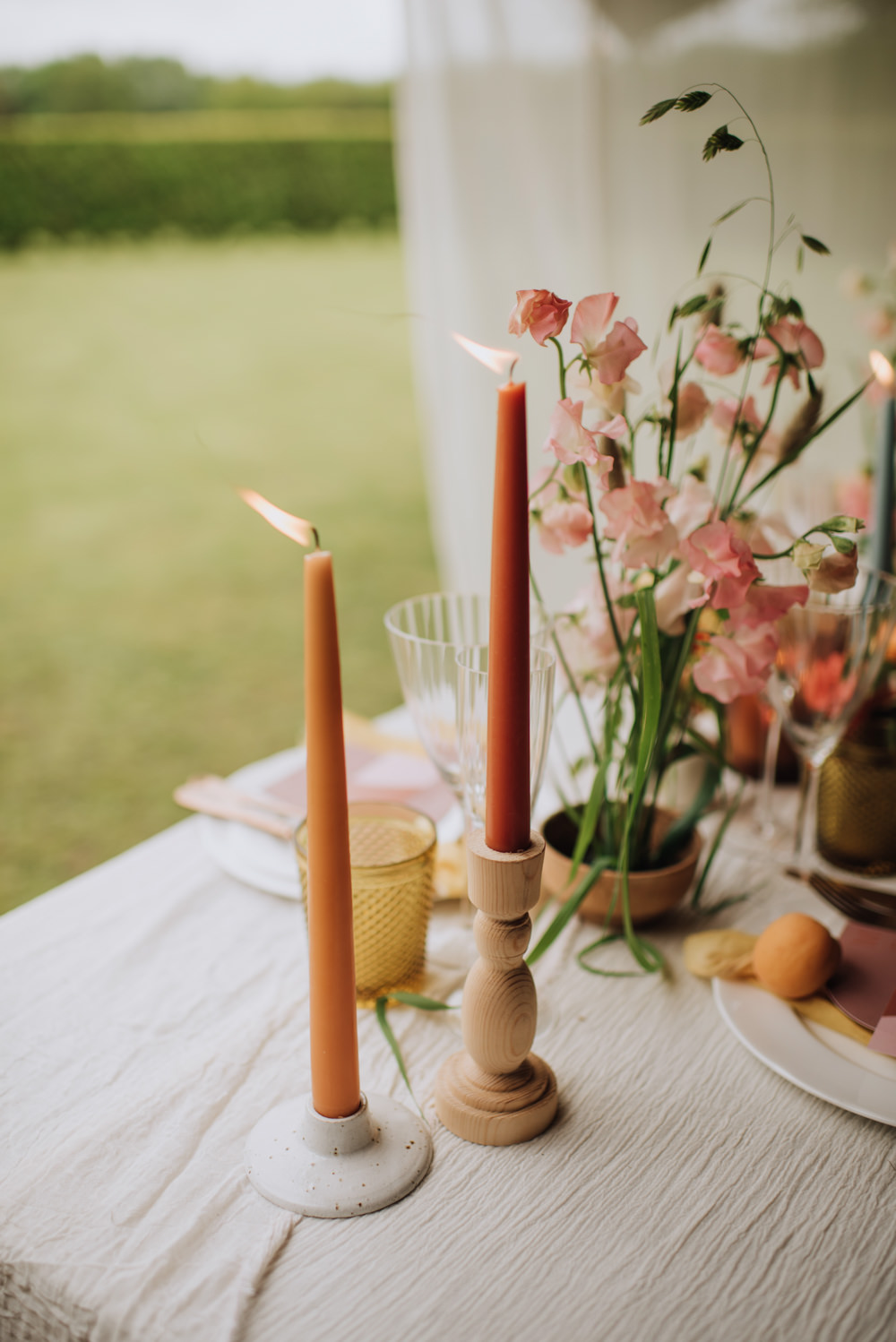 Table Decor Flowers Yellow Terracotta Candles Meadows Norfolk Megan Duffield Photography