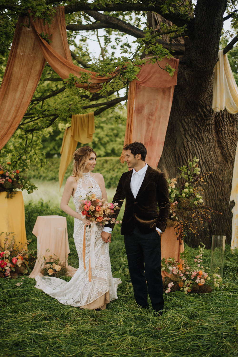 Meadows Norfolk Megan Duffield Photography Ceremony Tree Woodland Fabric Flowers Yellow Terracotta Decor