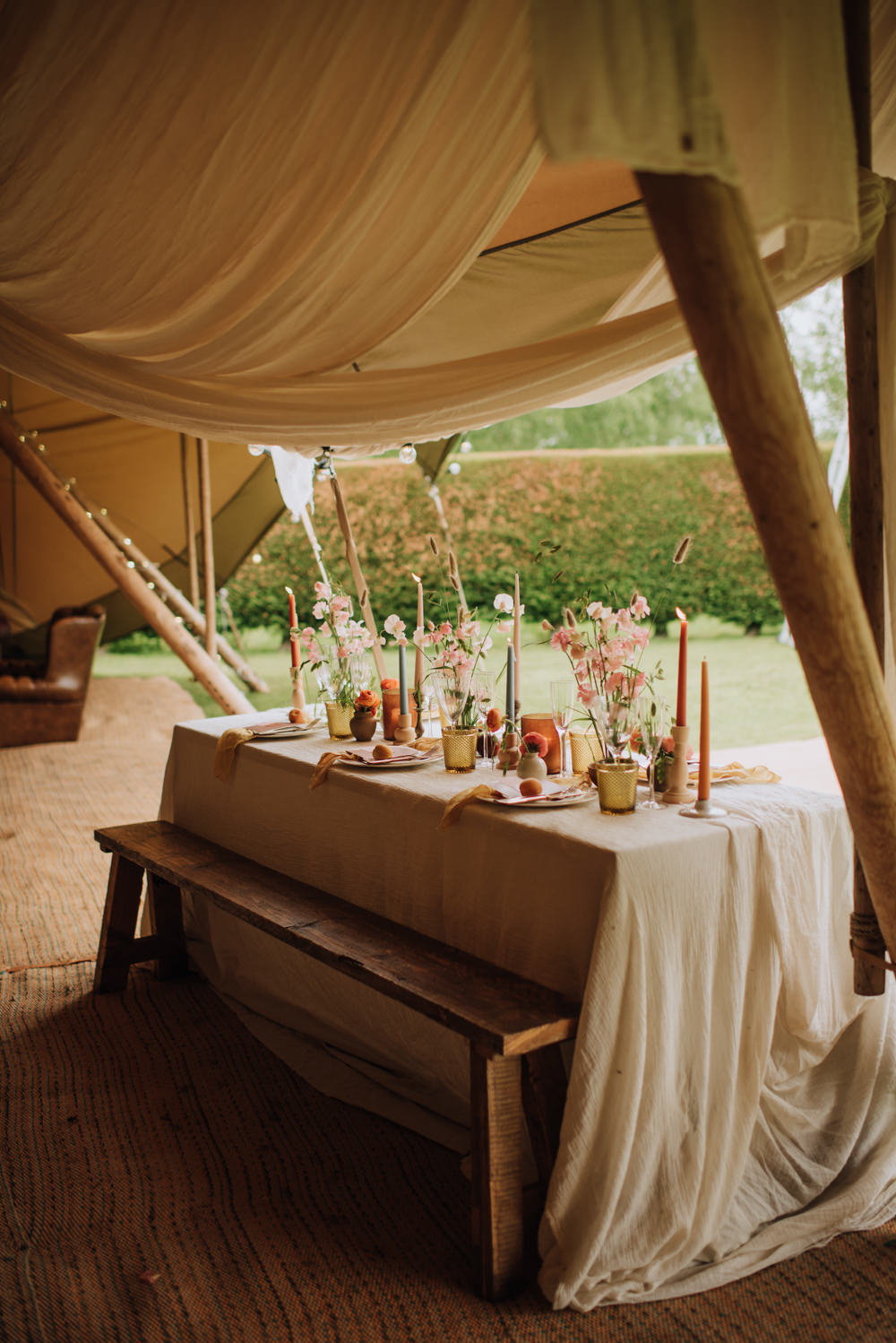 Table Decor Flowers Yellow Terracotta Candles Tent Meadows Norfolk Megan Duffield Photography
