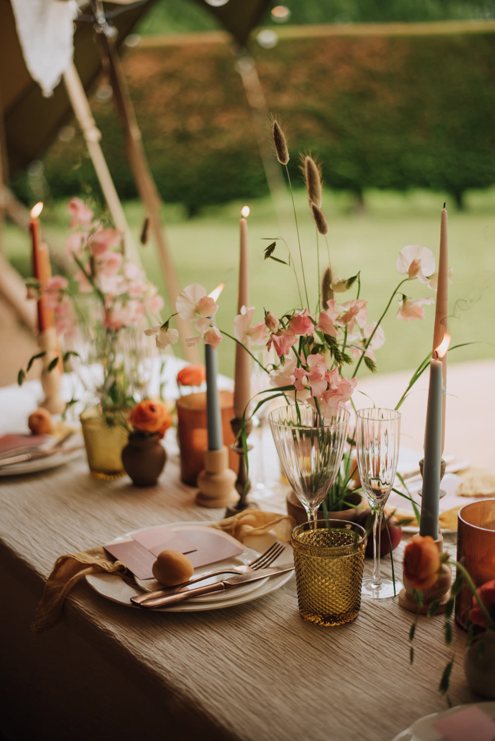 Table Decor Flowers Yellow Terracotta Candles Meadows Norfolk Megan Duffield Photography