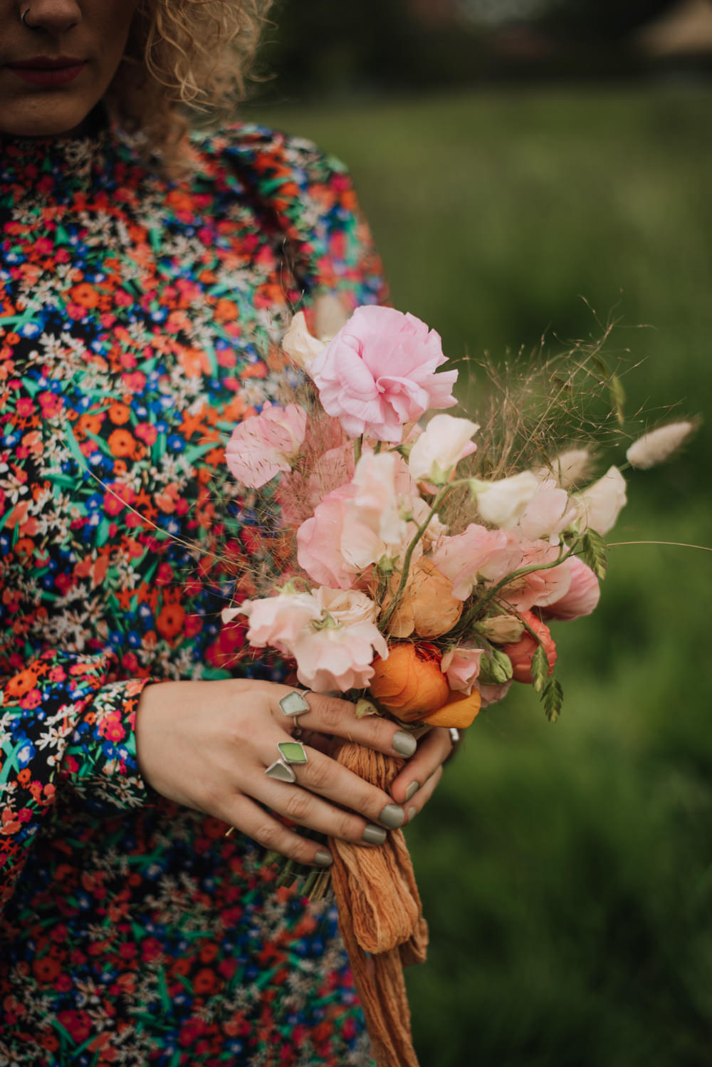 Bouquet Flowers Bride Bridal Rnunculus Rose Pink Yellow Bridesmaids Meadows Norfolk Megan Duffield Photography