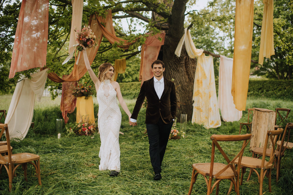 Ceremony Tree Woodland Fabric Flowers Yellow Terracotta Decor Meadows Norfolk Megan Duffield Photography