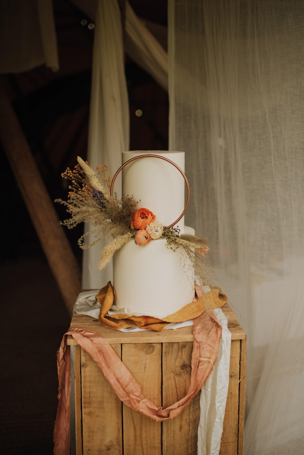 Iced Cake Hoop Flowers Decor Dried Ribbons Meadows Norfolk Megan Duffield Photography