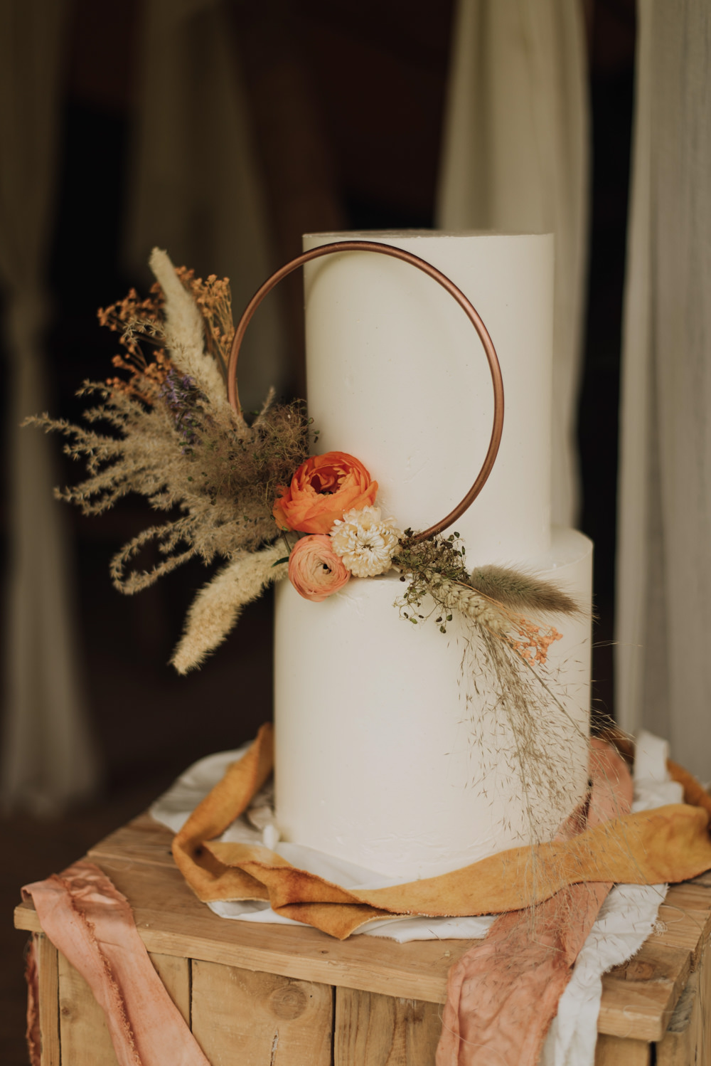 Iced Cake Hoop Flowers Decor Dried Ribbons Meadows Norfolk Megan Duffield Photography