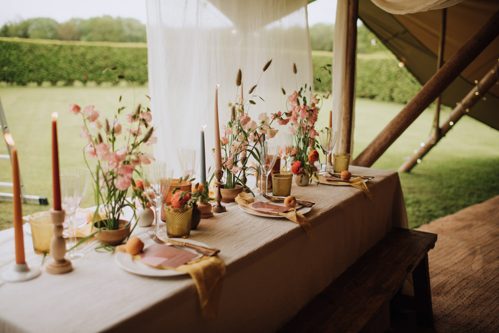 Table Decor Flowers Yellow Terracotta Candles Meadows Norfolk Megan Duffield Photography