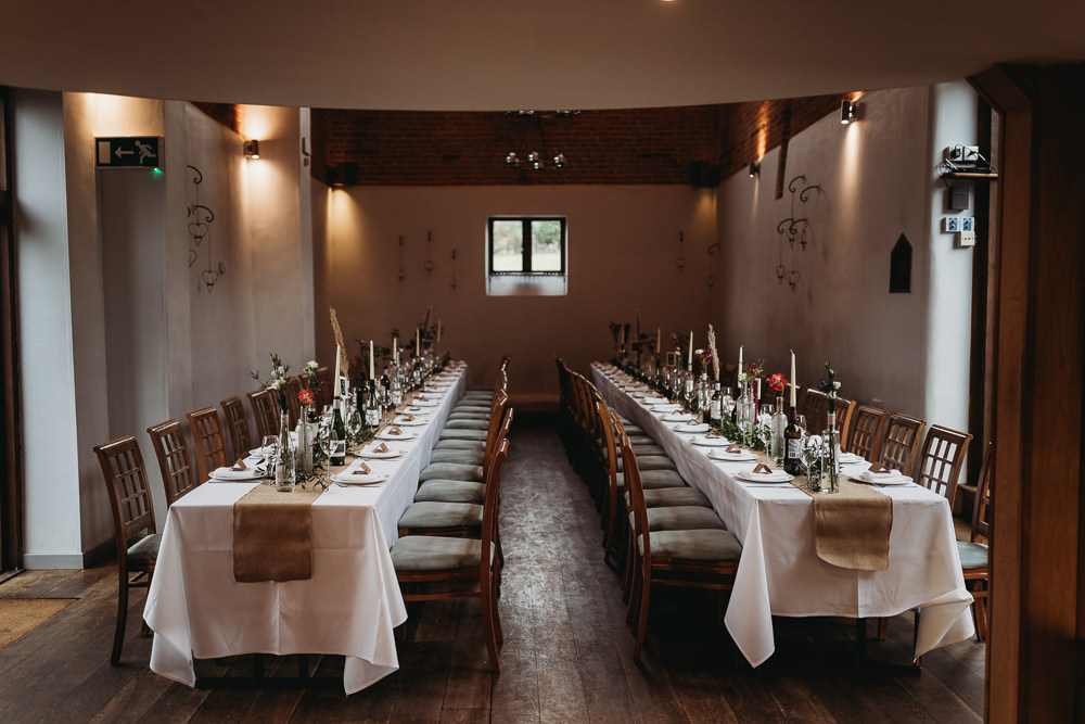 Long Table Decor Candles Flowers Greenery Hessian Runner Northamptonshire Barn Wedding Thyme Lane Photography