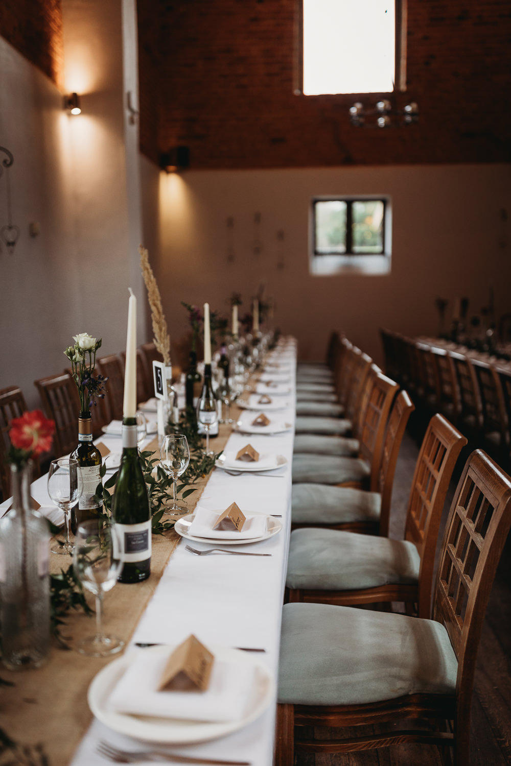 Long Table Decor Candles Flowers Greenery Hessian Runner Northamptonshire Barn Wedding Thyme Lane Photography