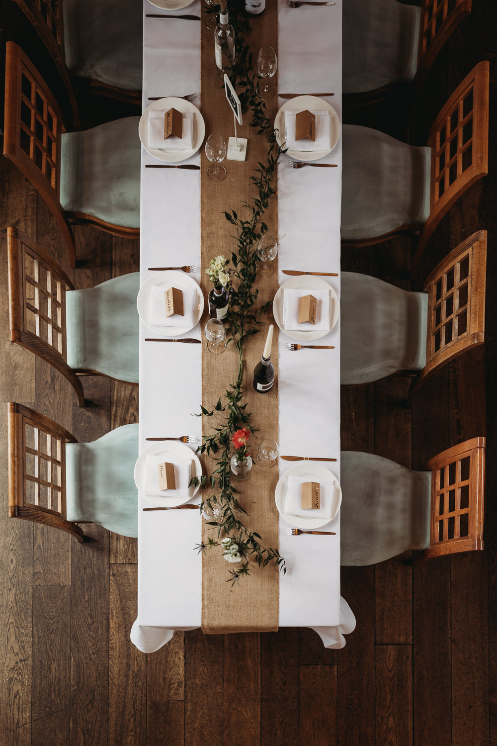 Long Table Decor Candles Flowers Greenery Hessian Runner Northamptonshire Barn Wedding Thyme Lane Photography