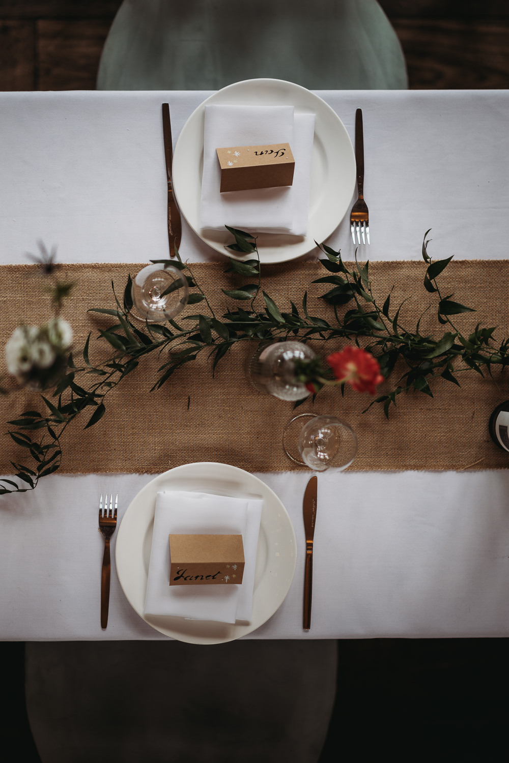 Long Table Decor Candles Flowers Greenery Hessian Runner Northamptonshire Barn Wedding Thyme Lane Photography