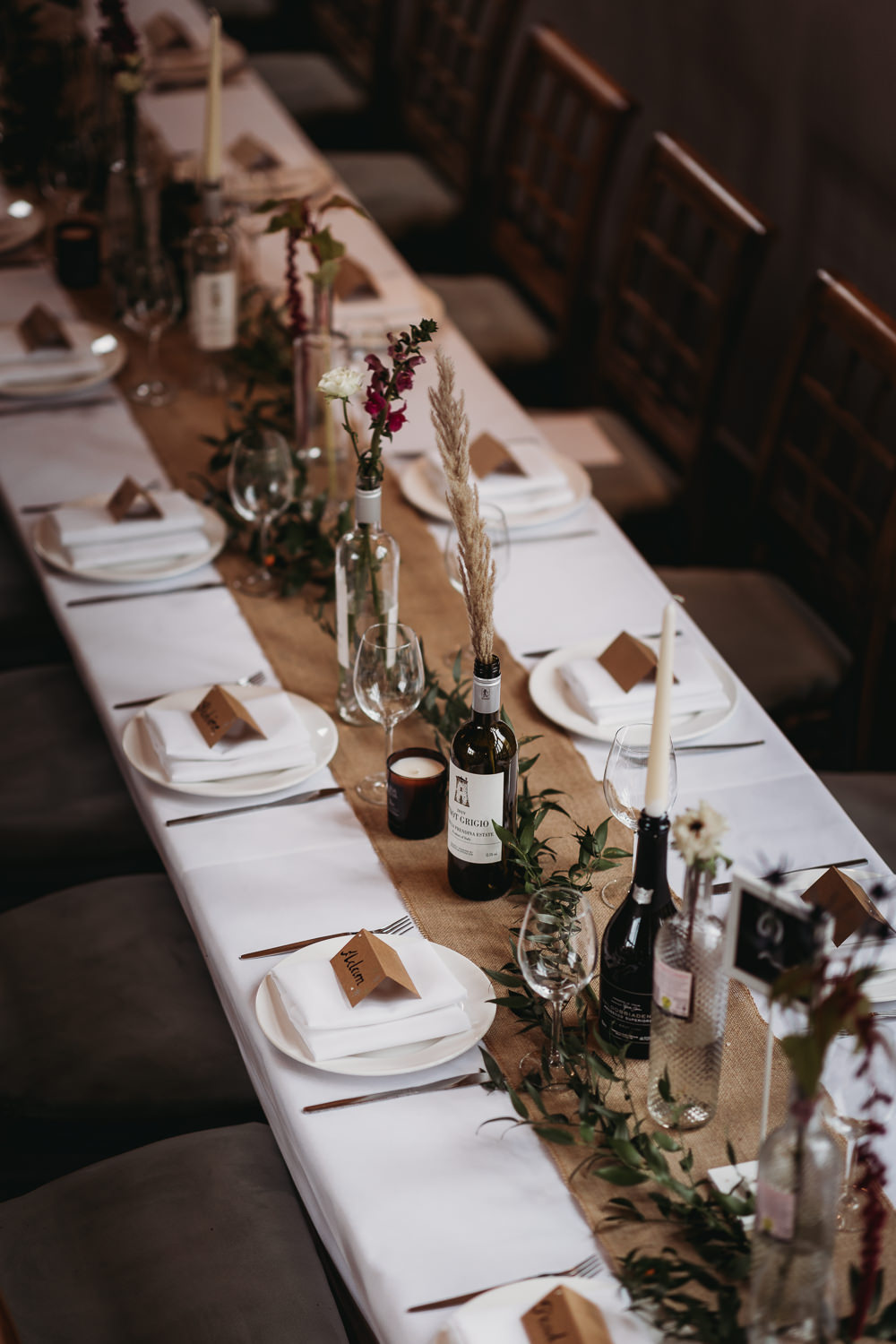 Long Table Decor Candles Flowers Greenery Hessian Runner Northamptonshire Barn Wedding Thyme Lane Photography