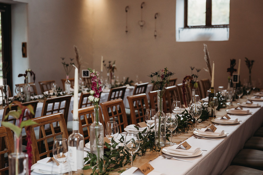 Long Table Decor Candles Flowers Greenery Hessian Runner Northamptonshire Barn Wedding Thyme Lane Photography