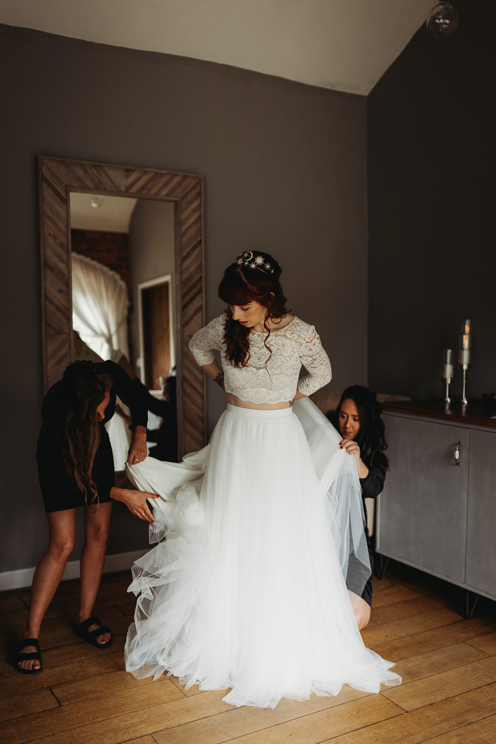 Dress Gown Bride Bridal Two Piece Skirt Top Northamptonshire Barn Wedding Thyme Lane Photography