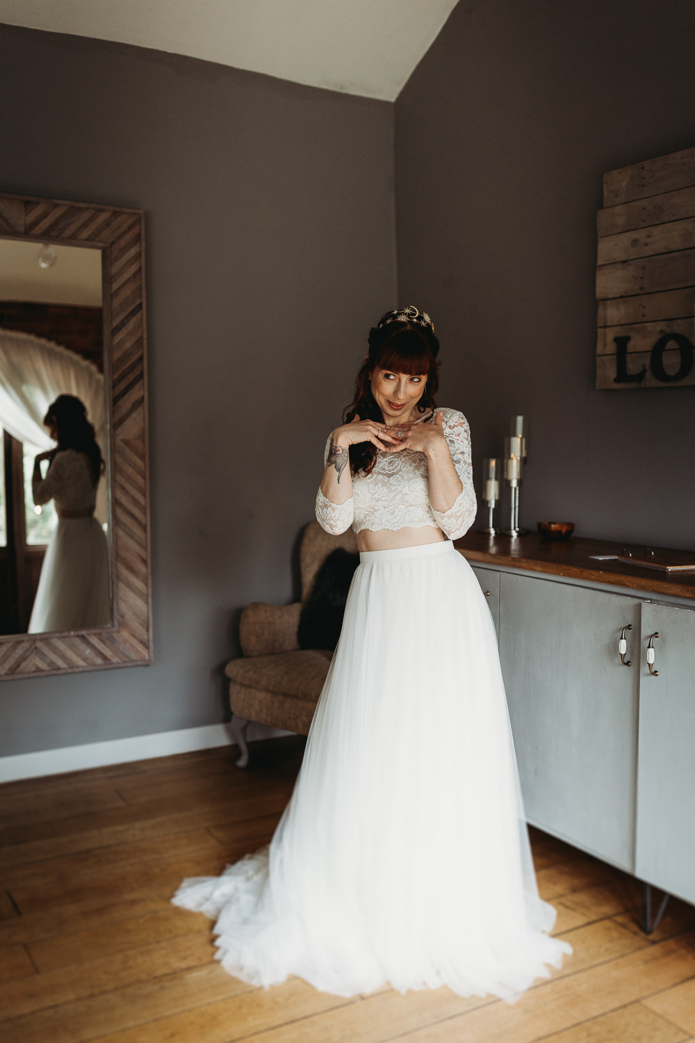 Dress Gown Bride Bridal Two Piece Skirt Top Northamptonshire Barn Wedding Thyme Lane Photography