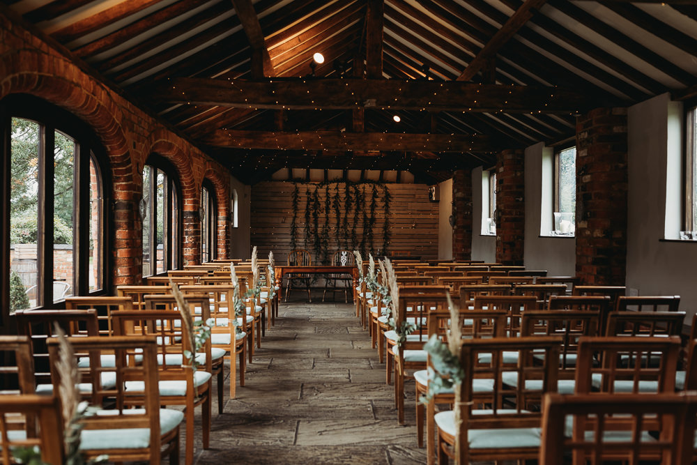 Ceremony Decor Pampas Grass Pew End Chair Northamptonshire Barn Wedding Thyme Lane Photography