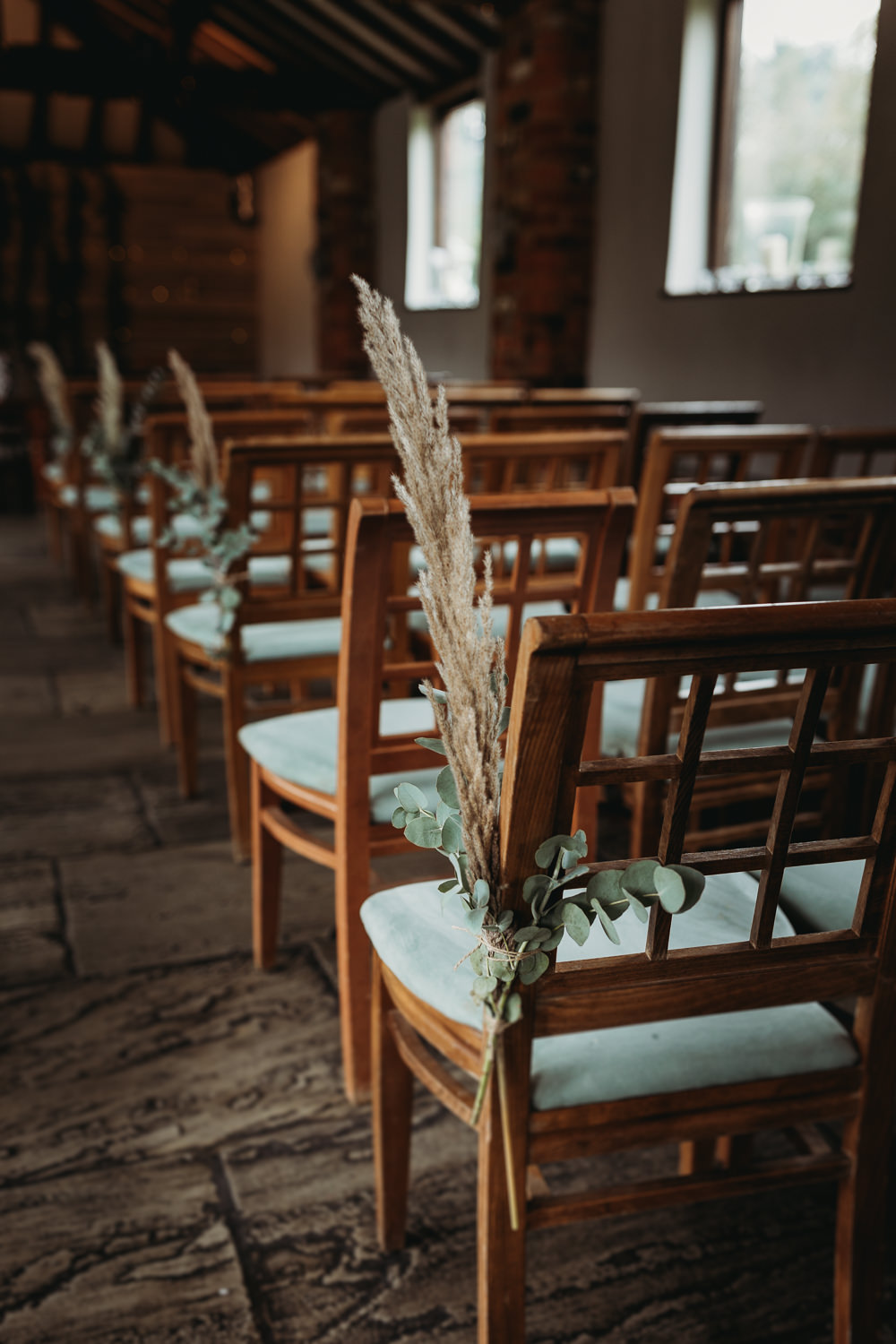 Ceremony Decor Pampas Grass Pew End Chair Northamptonshire Barn Wedding Thyme Lane Photography