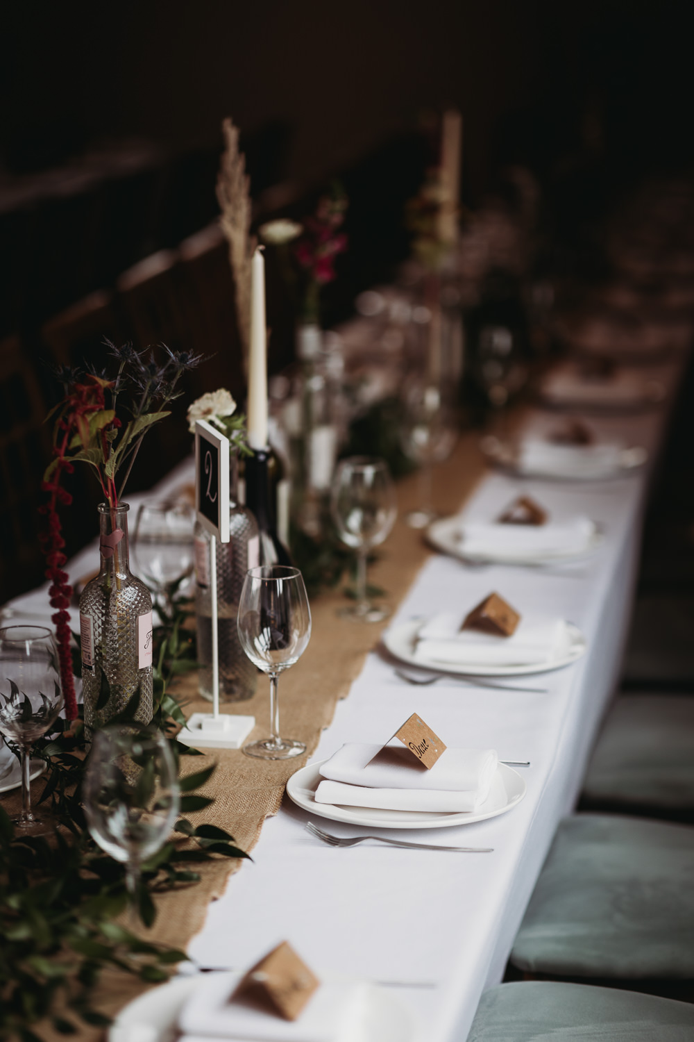 Long Table Decor Candles Flowers Greenery Hessian Runner Northamptonshire Barn Wedding Thyme Lane Photography
