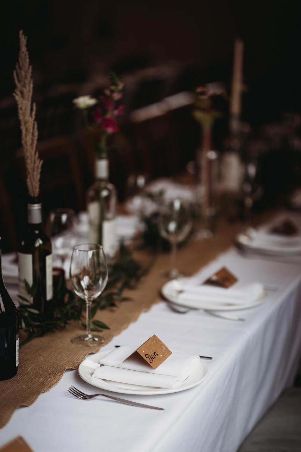 Long Table Decor Candles Flowers Greenery Hessian Runner Northamptonshire Barn Wedding Thyme Lane Photography