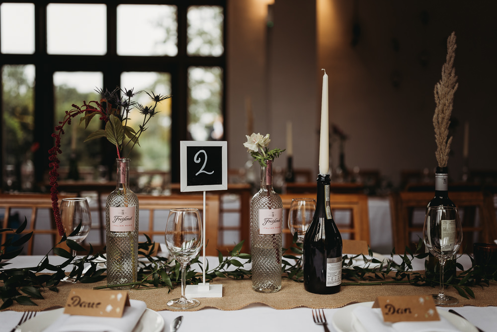 Long Table Decor Candles Flowers Greenery Hessian Runner Northamptonshire Barn Wedding Thyme Lane Photography