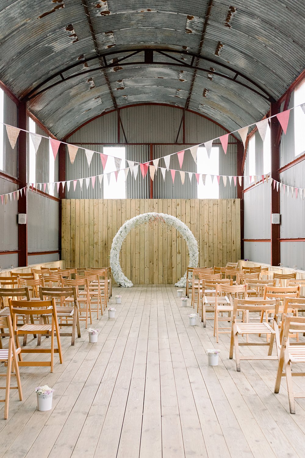 Scotland Barn Wedding LJ Horton Photography Ceremony Moon Gate Arch Bunting Decor