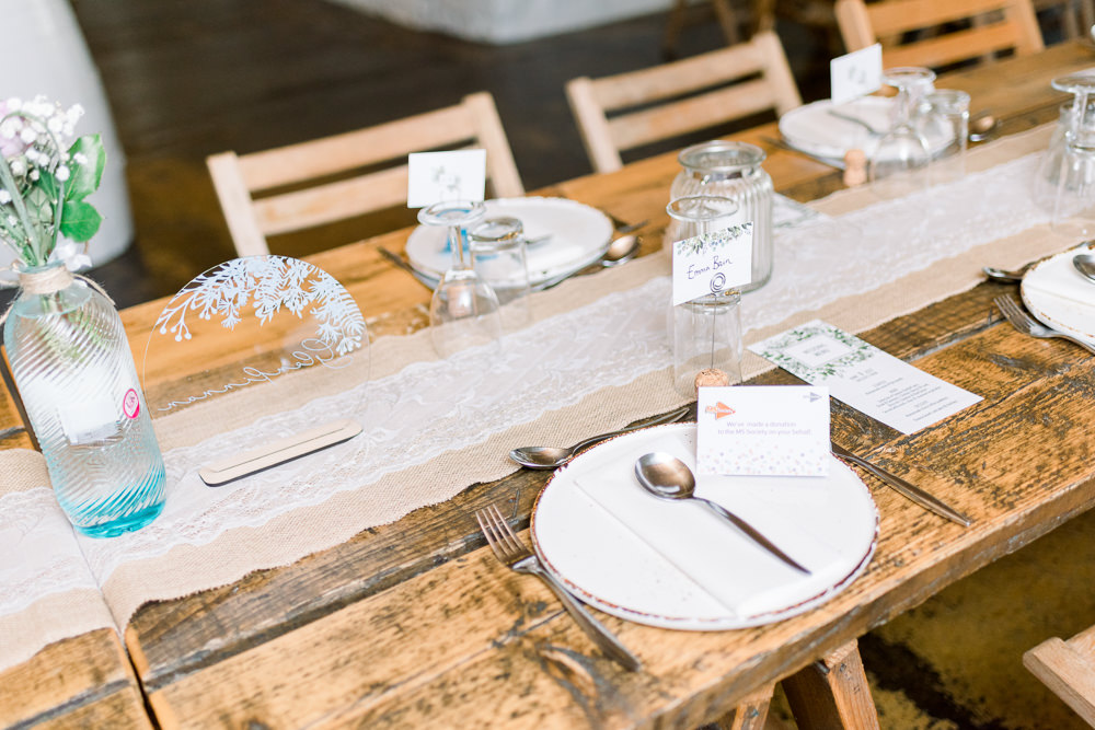 Table Decor Hessian Lace Runner Scotland Barn Wedding LJ Horton Photography