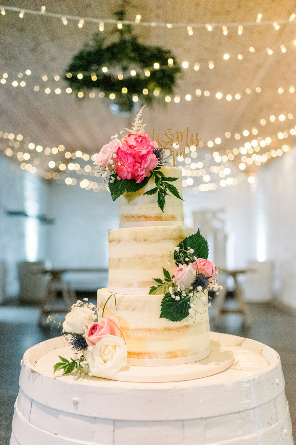 Semi Naked Cake Flowers Barrel Scotland Barn Wedding LJ Horton Photography