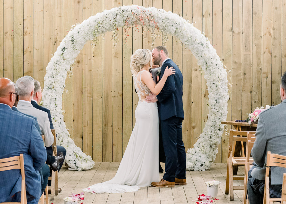 Ceremony Moon Gate Arch Bunting Decor Scotland Barn Wedding LJ Horton Photography