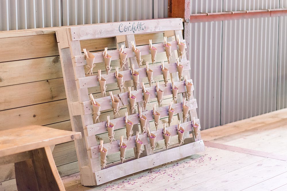 Wooden Pallet Confetti Stand Scotland Barn Wedding LJ Horton Photography