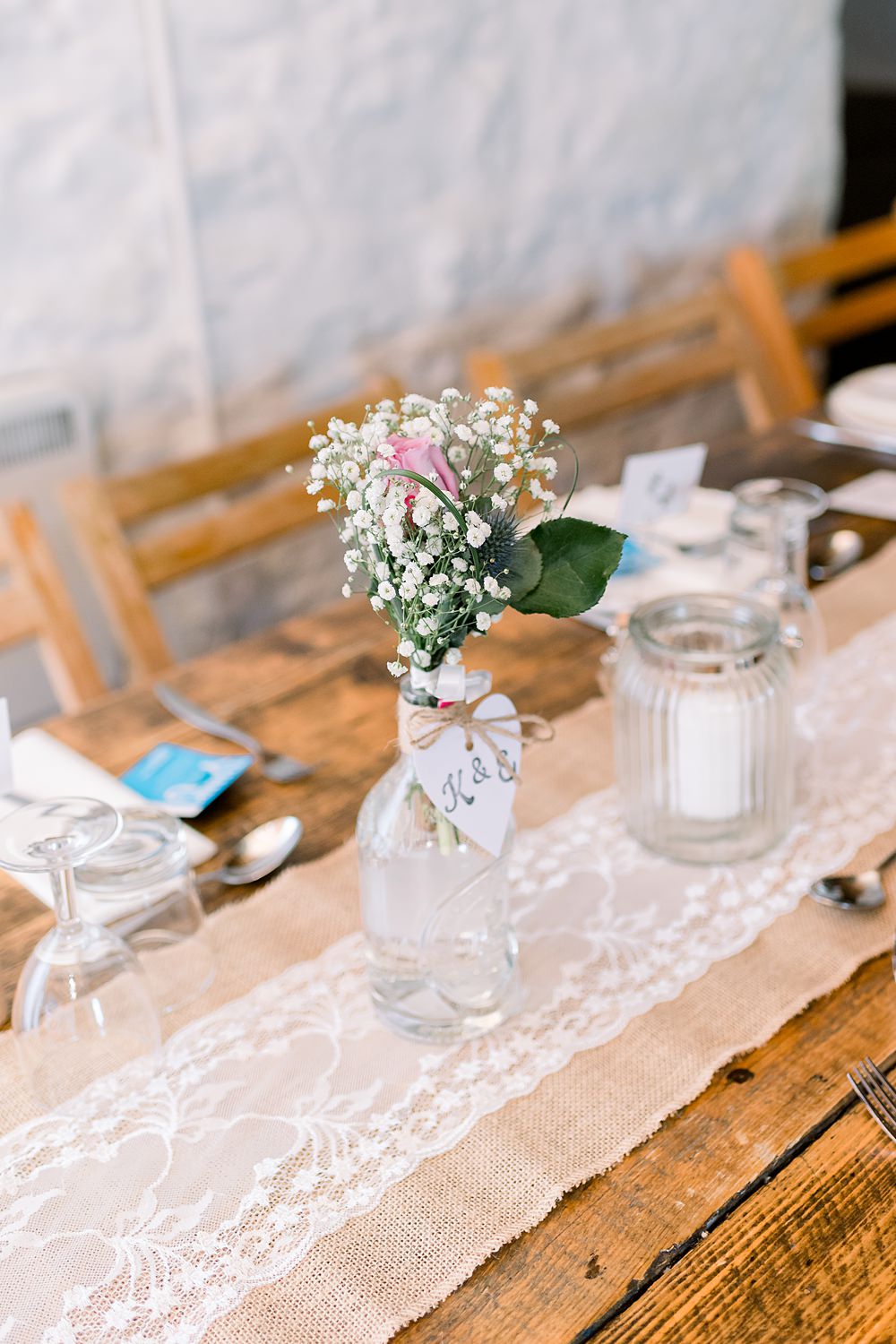 Centrepiece Flowers Bottle Hessian Lace Scotland Barn Wedding LJ Horton Photography