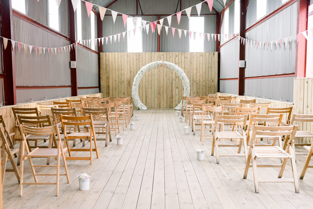 Ceremony Moon Gate Arch Bunting Decor Scotland Barn Wedding LJ Horton Photography