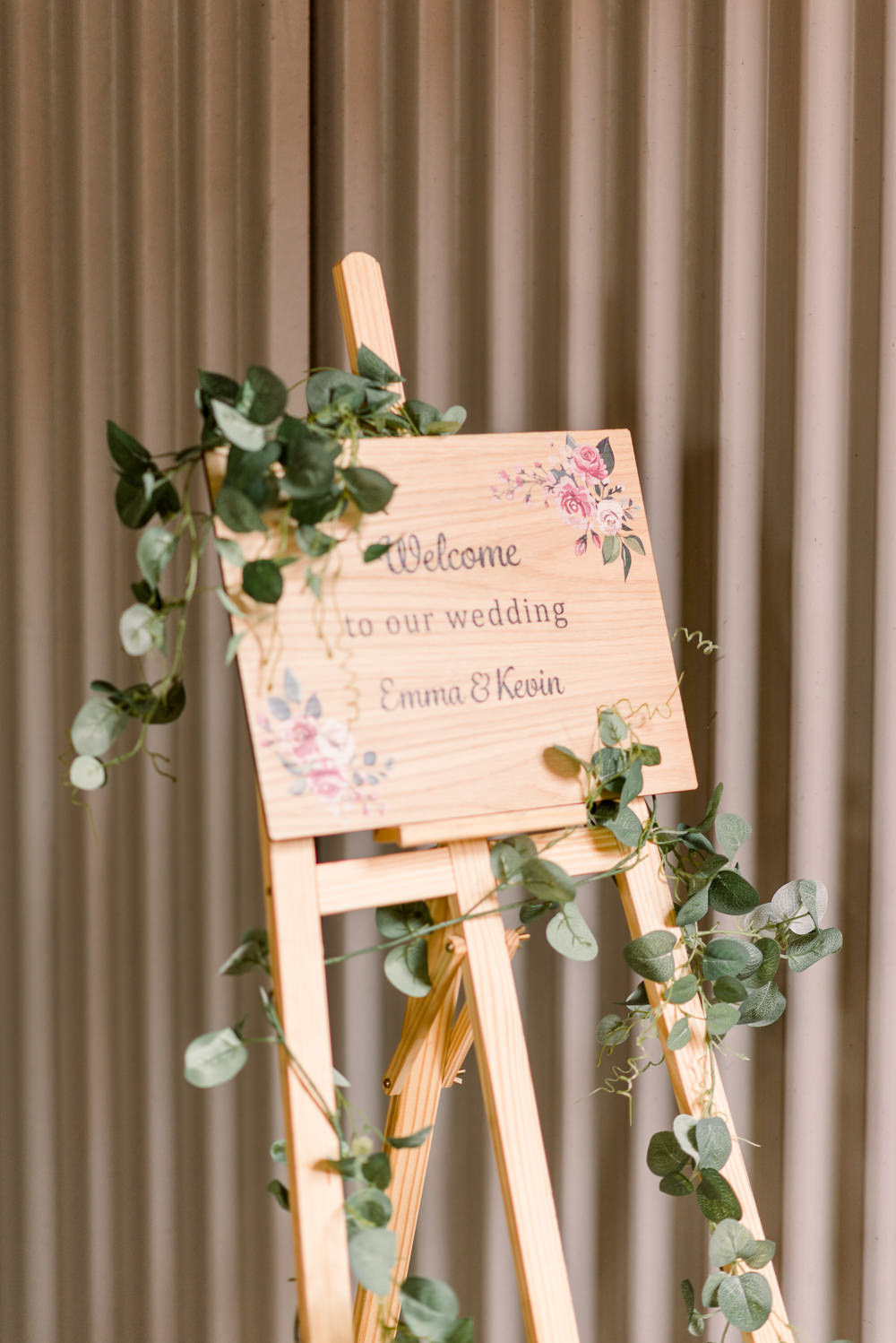 Wooden Welcome Sign Greenery Scotland Barn Wedding LJ Horton Photography