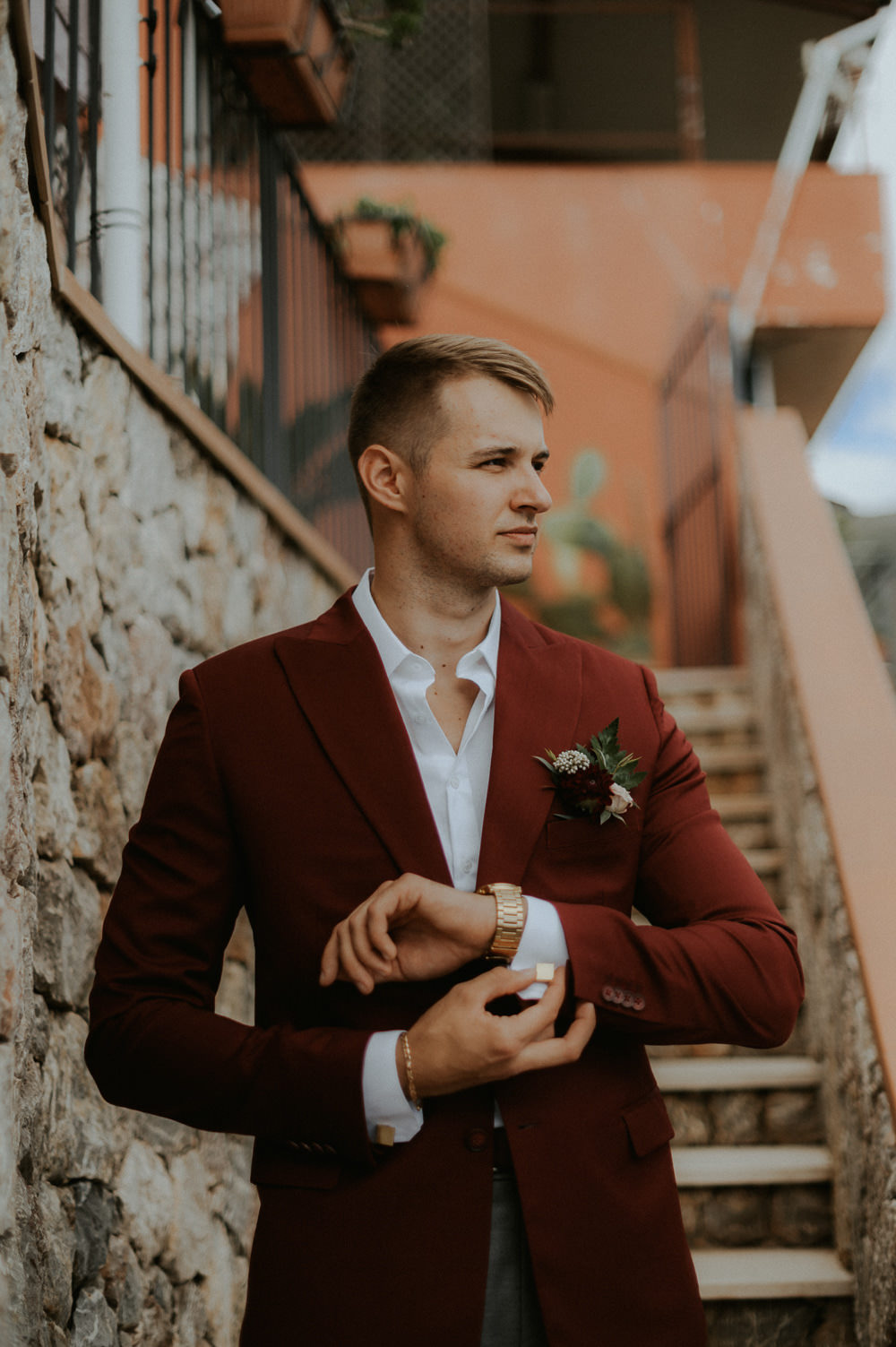 Groom Red Jacket Grey Chinos Taormina Wedding Saukans Photography