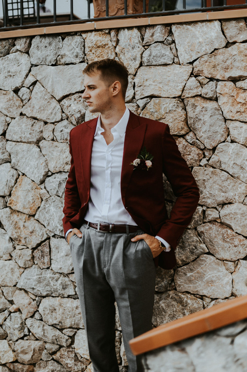 Groom Red Jacket Grey Chinos Taormina Wedding Saukans Photography
