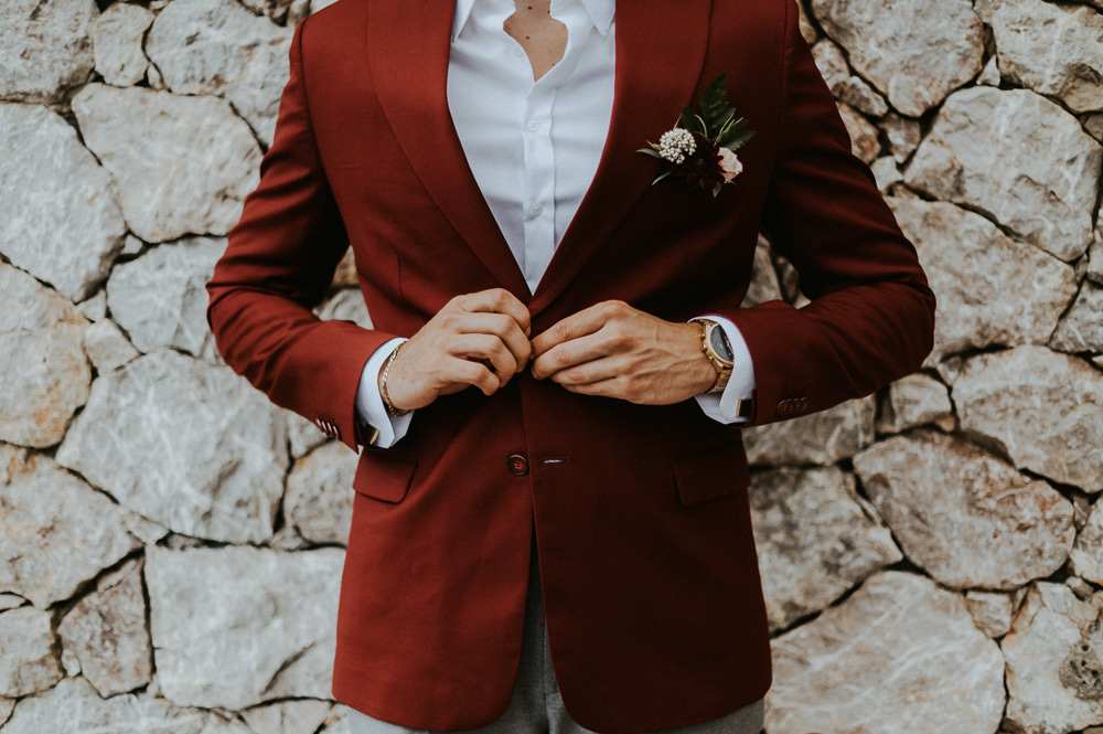 Groom Red Jacket Grey Chinos Taormina Wedding Saukans Photography