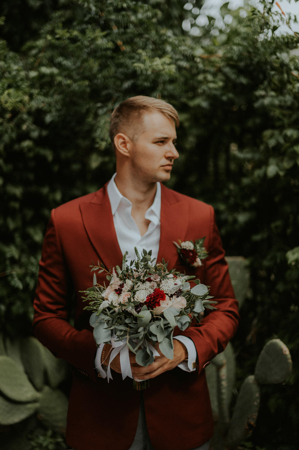 Groom Red Jacket Grey Chinos Taormina Wedding Saukans Photography