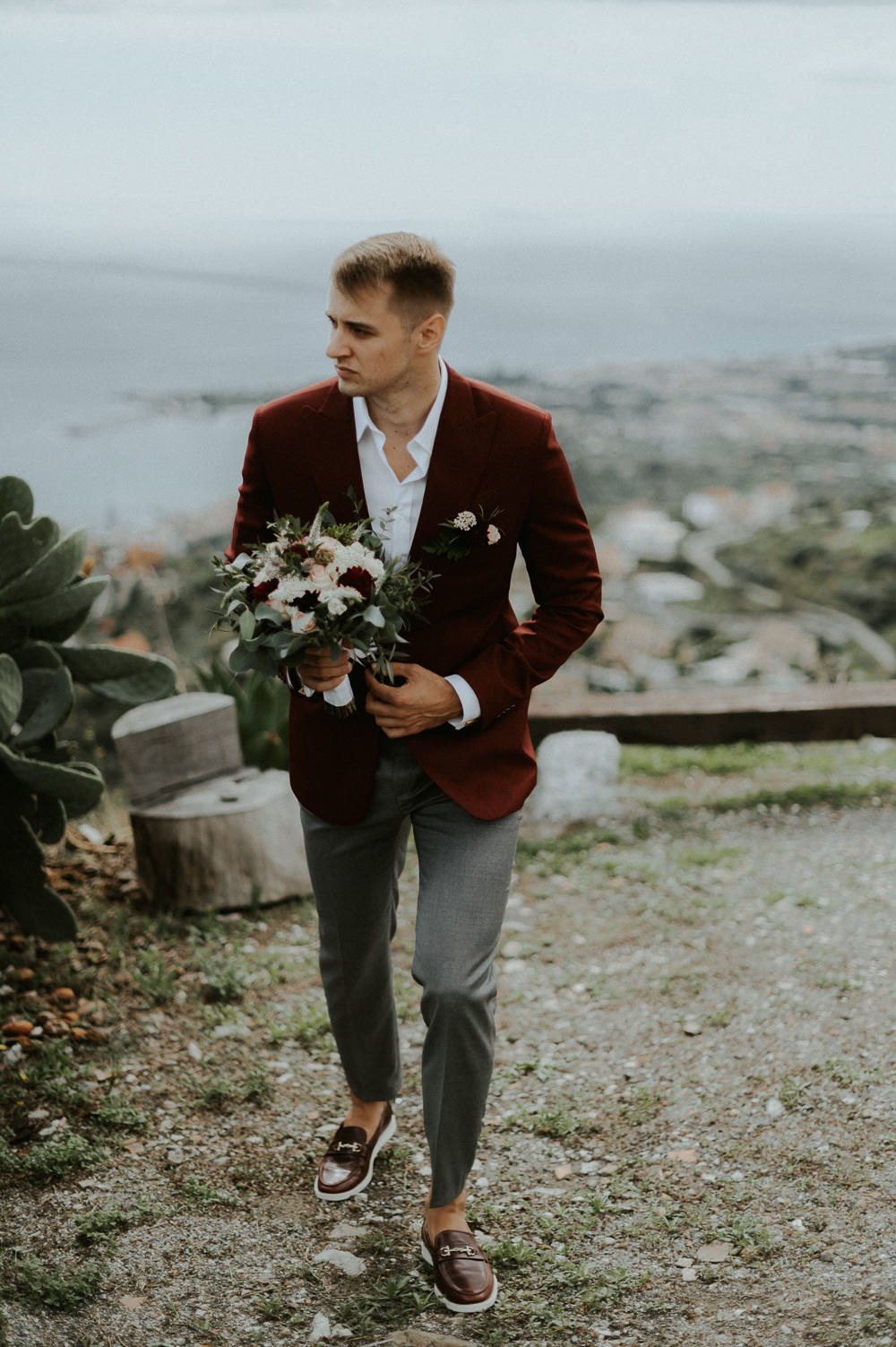 Groom Red Jacket Grey Chinos Taormina Wedding Saukans Photography