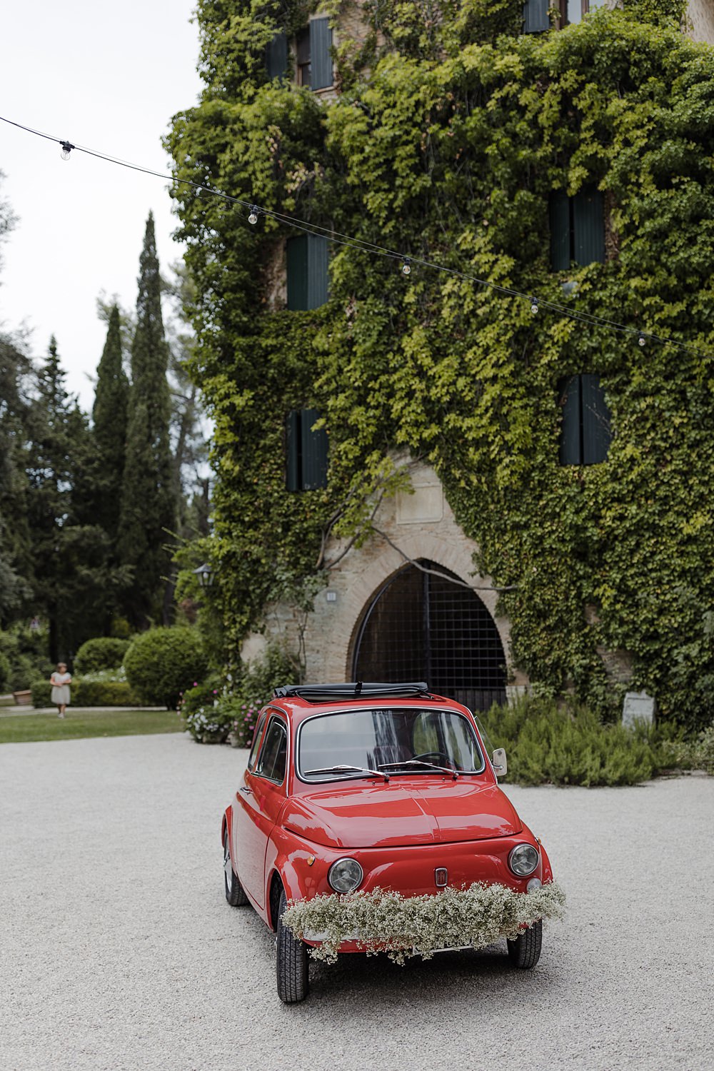 Red Fiat 500 Car Transport Anthurium Wedding Flowers Francesca Francesca