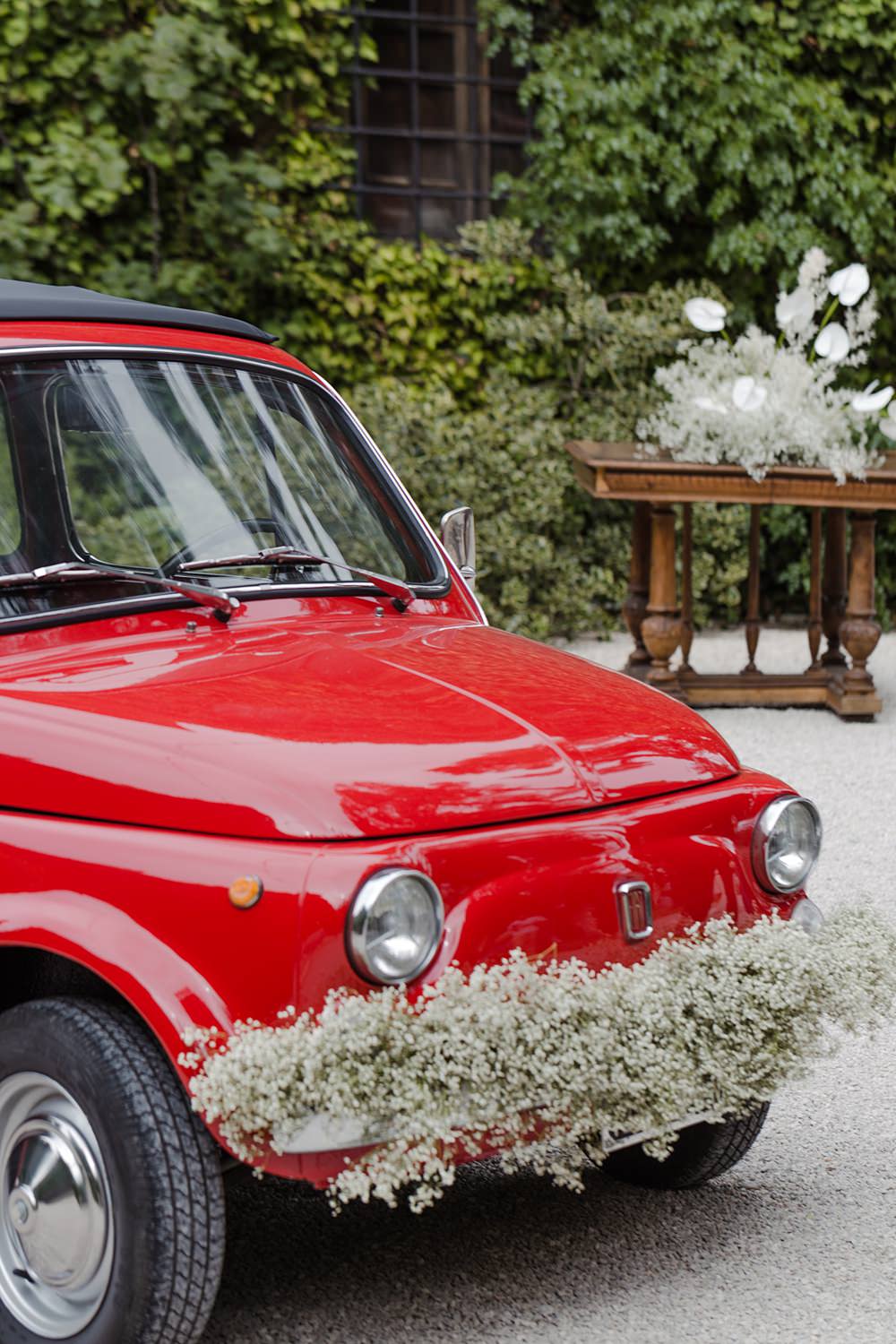 Red Fiat 500 Car Transport Anthurium Wedding Flowers Francesca Francesca