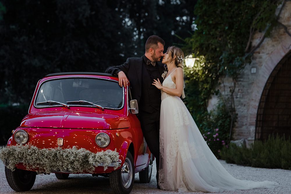 Red Fiat 500 Car Transport Anthurium Wedding Flowers Francesca Francesca